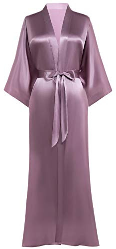 PRODESIGN Dam satin kimono rock – lång med bälte, enfärgad lätt nattlinne sovrock, Ljuslila, one size