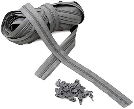 IPEA Fermeture éclair mesure 5# Chaîne continue - 10 mètres - Fermeture éclair au mètre en nylon + 25 curseurs inclus - Zip - Découpable pour couture, 3 couleurs au choix, gris, largeur 30 mm