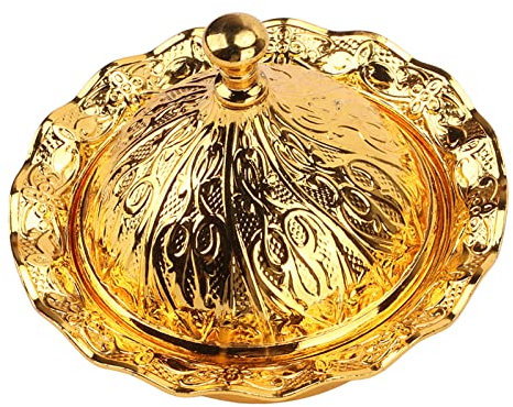 Plato Dorado con Tapa, Bandeja Servir Frutas Vintage, Tarro de Almacenamiento, Recipiente para Guardar Galletas, Tarro de Metal Decorativo para Buffet de Dulces, Fiesta, Boda, Hotel, Hogar
