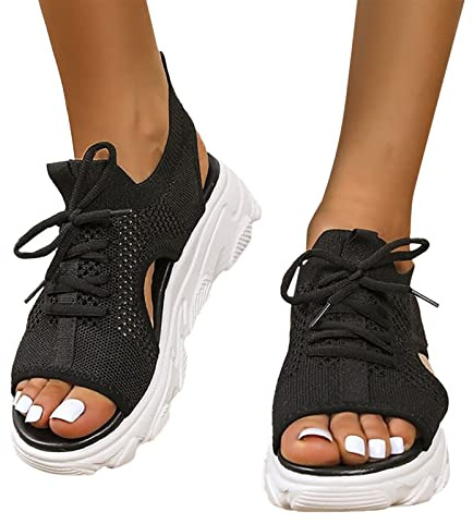 Générique Sandales de Sport et D'Extérieur Femme Maille été Chaussures Sport Respirantes Sandales de Marche à Lacets Confortable Sandale Baskets Légères Sandales Plates Bout Ouvert pour Femmes