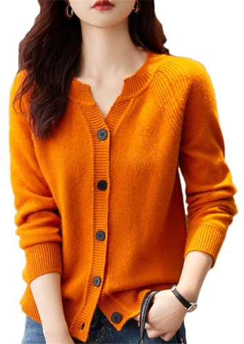 Pohullan Cardigan lavorato a maglia in lana merino, da donna, girocollo, in cashmere, con scollo a V, giacca superiore, Arancione, M