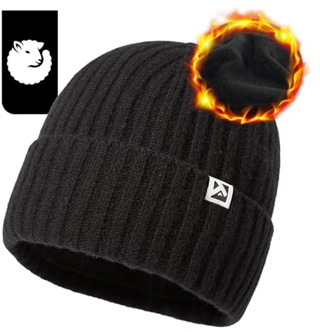 TOP-EX Übergroße XL/XXL Herren Damen 100% Merinowolle Winter Beanie mit Fleece-Futter Strickmütze für große Köpfe langlebige Mütze für kaltes Wetter warm Schwarz X-Large extra große Köpfe