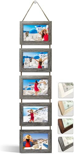 NEOWS Set Cornici Foto Multiple da Parete con Corda - Portafoto Multiplo Decorativo con Cornici in Legno - Collage Foto da Appendere al Muro- Cornici 10x15 cm (Rovere Grigio, 5 Foto Orizzontale)
