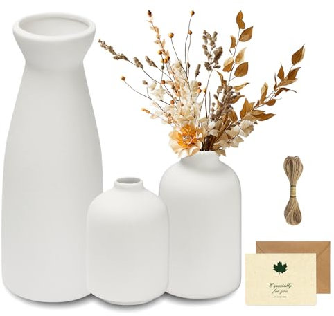 UCAMP Ceramica Vaso 3 Set,Vasi Deco,Vasi in Bianca,Fiori Moderno in,Cordone Di Iuta Decorativi Per Fiori,Di Erba Pampa Secchi Vaso,Design Moderno Elegante Classici Camino,Cucina,Scrivania,Soggiorno