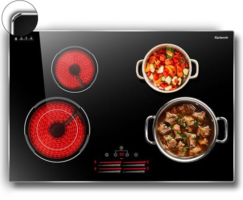 Karienvir Glaskeramikkochfeld 77cm Einbau, Keramikkochfeld 4 Platten,Kochfeld Autark 77cm, Elektrokochfeld mit rahmen, Sicherheitsschlösser & Zeitschaltuhren, 220-240V Verdrahtung