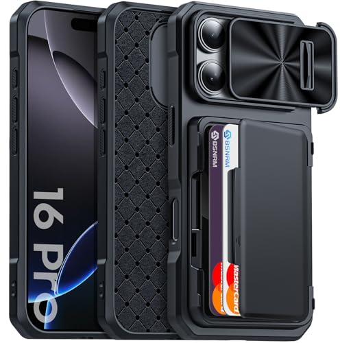 BSNRM för iPhone 16 Pro fodral plånbok, dold korthållare (4 kort), pop-up kameraskydd, militärklassskydd, hållbart ställ slitstarkt män kvinnor stöttåligt fodral för iPhone 16 Pro (svart)