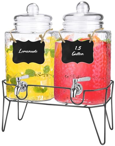 Kochorie Distributore di bevande in vetro da 1,5 galloni, confezione da 2 dispenser per bevande con supporto e beccuccio in acciaio inox, per feste, matrimoni