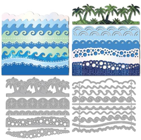 MAYJOYDIY Sea Wave Edge Die Cuts for Card Making Coconut Tree Border Embossing Metal Cutting Dies Seaside Bubbles Paper Craft Die Cuts Stencils for Scrapbooking Craft Paper Birthday Card Gift Decor