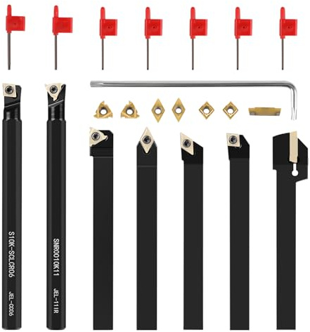 SWAWIS 21 Pezzi 10mm Utensili per Tornio Kit, Turning Tool Set con Inserti Orientabili in Carburo per Troncatura Finitura della Superficie del Pezzo
