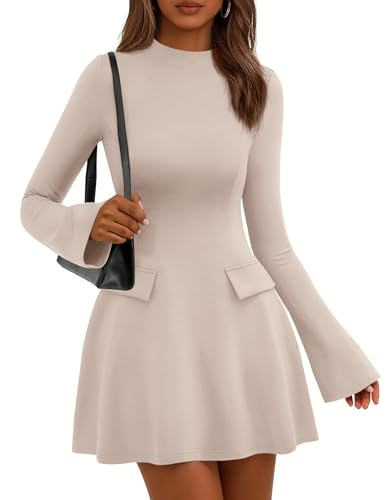 PRETTYGARDEN Women's Elegant Holiday Short Dress 2026 Fall Bell Long Sleeve Mock Neck Work Business Casual Party Mini Dress(Beige Apricot,Small)