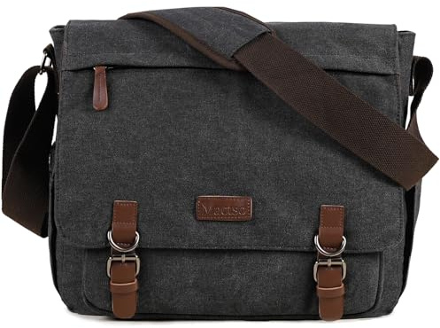 Mactso Vintage Messenger Bag 15.6 Inch Laptop for Men Women, Large Travel Crossbody Shoulder Purse with Luggage Strap,Canvas Briefcase Work Office College (Black-Upgrade)