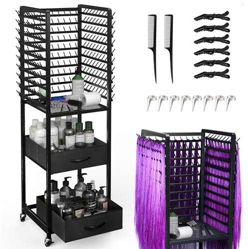 Yumkfoi 300 Pegs Braiding Rack with Large Drawers, 3-Sided Hair Rack with Wheels and 16 Braiding Tools, Hair Extension Holder 52 Inch Height for Hair Salon, Home