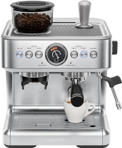 Chefman Crema Supreme 15 Bar Macchina Espresso con Montalatte Barista Barista, Macchina Caffè Professionale con Macinacaffè, 30 Impostazioni di Macinazione, Serbatoio Acqua Rimovibile 3L - Acciaio