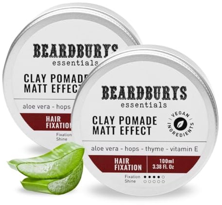 Beardburys Essentials Cera Mate Clay Pomade Hombre 100ml – Fijación Fuerte, Acabado Mate, Cuidado del Cabello – Pack x2