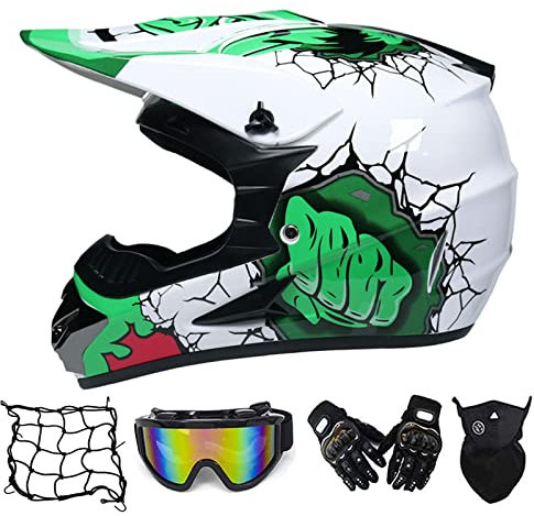 MRDEAR Motorrad Crosshelm Grün Motocross Helm Set mit Brille (4 Stück), Fullface MTB Helm Kinder Cross Helm Motorradhelm Fahrrad Enduro Downhill BMX Off Road ATV,M