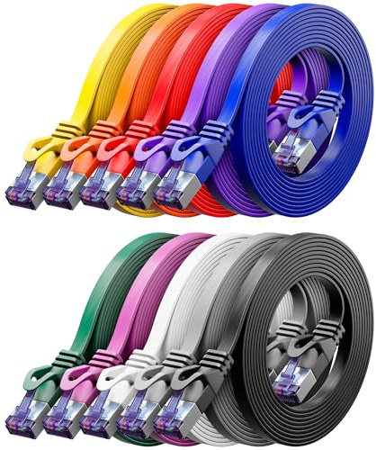 deleyCON 10x 2m Cable Red Plano CAT7 (CAT 7 con 10 Gbit/s) Gigabit LAN - RJ45 Ethernet Patch Largo Plano - para Internet Switch Router Modem Patchpanel - Multicolor