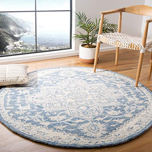Safavieh Alfombra Tradicionales Sala de Estar, Comedor, Dormitorio - Micro-Loop Collection, Pelo Corto, Azul y Marfil, 90 x 90 cm