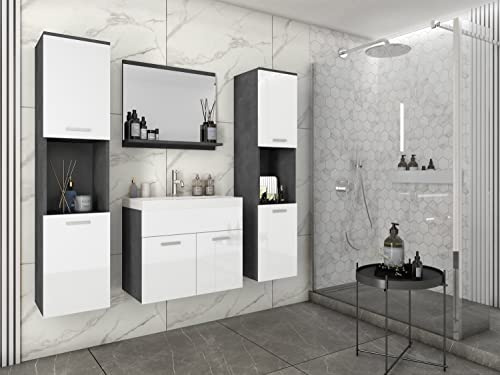 BRATEX Set di mobili da bagno Montreal XL, set di mobili da bagno, lavabo incluso, colore materiale/bianco lucido