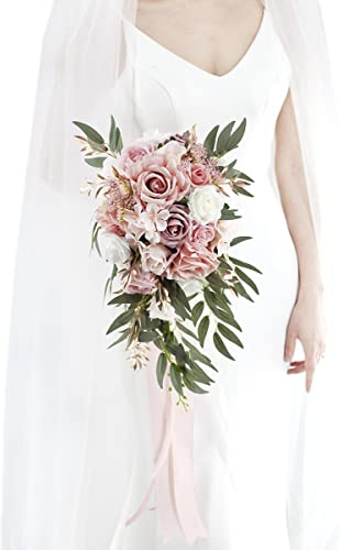 Ansofi 9 Dusty Rose Wedding Bouquets for Bride, Cascading Bridal Bouquet for Bride Artificial Silk Roses Flowers Tossing Bouquet for Wedding Ceremony Decor
