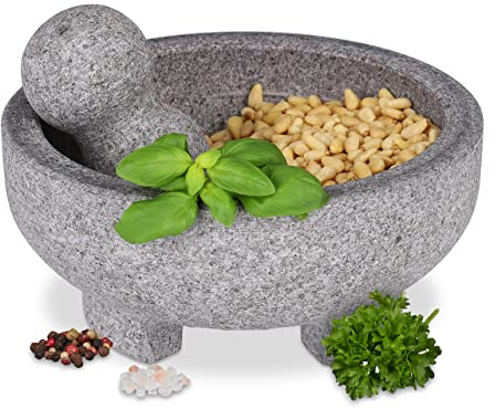 Relaxdays Mortaio con Pestello in Granito, HxD 9x20 cm, Macina Spezie, Pesto di Basilico, Cocktail Mojito, Grigio Chiaro
