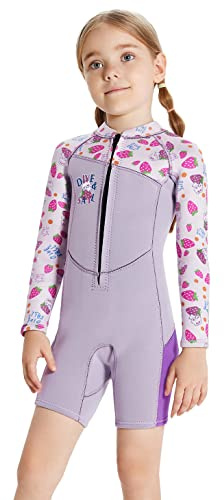 YuanDiann Traje de neopreno para niños de 2,5 mm, corto para niños, niñas, manga larga, cremallera frontal, traje de baño térmico, protección solar, neopreno, una pieza, corto, natación, surf, traje