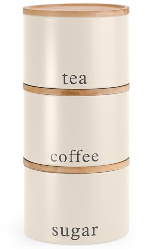 EHC Tea, Coffee, Sugar, Canister Set, Set of 3 Stackable Airtight Food Storage Easy to Open Storage Cansiters Jars Tin, Cream