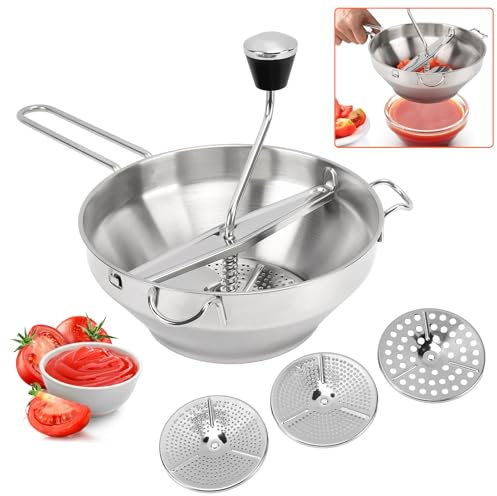 Edelstahl-Lebensmittelmühle, Kartoffelpresse mit 3 Austauschbaren Zerkleinerungsplatten, Manuelle Lebensmittelzerkleinerungsmaschine, Küchenmühle Zum Maischen, Sieben, Obst