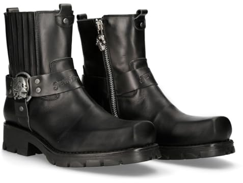 New Rock Botines motoristas unisex M-7605C-C1 de piel vacuno negra, suela de goma natural, tacón 5 cm, plataforma 2 cm, cierre con cremallera y correa, estilo motero premium talla 42