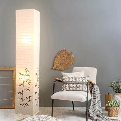 GUANSHAN Handgjord pappersgolvlampa med bambutryck nordisk stil papper stående lampa golv sänglampa golvbelysning dekorativ golvlampa för sovrum, vardagsrum
