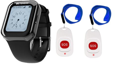 Retekess TD113 Sistema di campanello di chiamata, cercapersone per badanti, impermeabile IP67, varie modalità di promemoria, touch screen, 2 pulsanti di emergenza per casa, anziani, pazienti