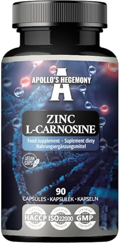 Zinco L-Carnosina 37,5 mg per capsula - 90 capsule vegane - 3 mesi di fornitura - Per la salute di pelle, capelli e unghie - Integratore da Apollo's Hegemony