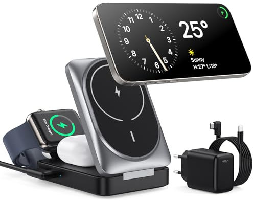 Estación de Carga inalámbrica 3 en 1 para mag-Safe, Certificación Qi2 Cargador magnético inalámbrico Plegable, Soporte de Carga de Viaje mag-Safe para iPhone 16/15/14/13/12, AirPods, Apple Watch