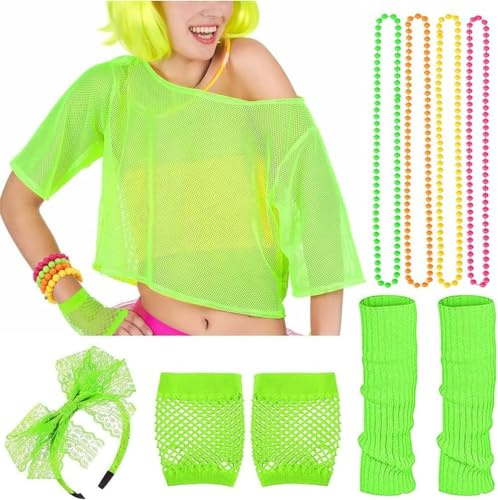HUAEDNWKYI Accessoires de Tenue des années 80 et 90 pour Femmes, Top en Maille Neon, Tenue à thème, Haut en Maille Off-Shoulder