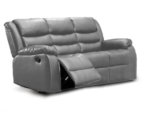 Furnishings For Less UK Venice Grey Leather Aire 3 Seater Reclining Sofa Manual Recline Middle Seat Includes Cup Holders (Grey, 3 Seater Sofa)