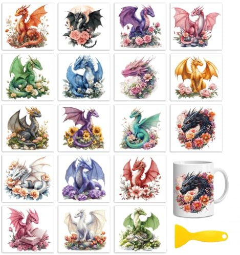 Peacoblue Dragon and Flowers Rub On Transfers for Craft, Transfer Sticker | 18 Sheets UV DTF Transfers, Waterproof Rub On Decals for Wood, Glass, Furniture, Tumblers & Home Decor Crafts
