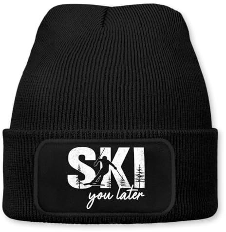 Ski You Later – lustige Wintermütze | Beanie für Damen & Herren, warm, elastisch & Unisex, Strickmütze mit Patch & Druck, perfekt für Après-Ski, Weihnachtsmarkt & Fasching | Schwarz