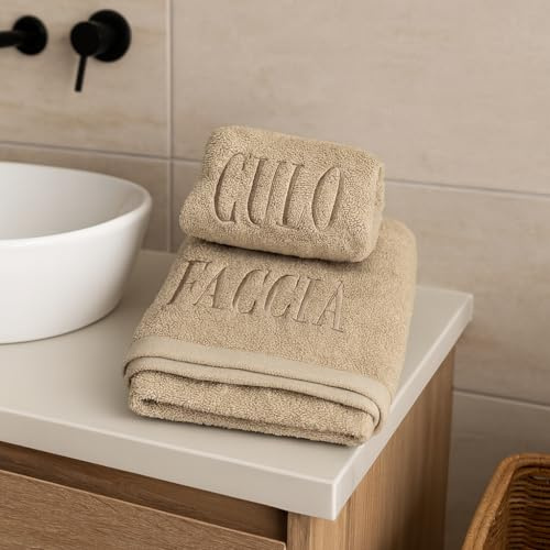 Michele Biancheria Casa Set Asciugamani Ricamati CULO/FACCIA, Spugna 100% Cotone, 500g/m², Beige, Viso 53x96cm e Ospite 36x56cm, Alta Assorbenza, Stile Classico (Beige)