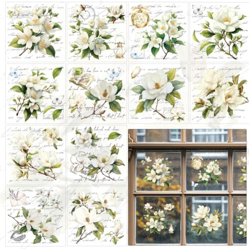 BEUNITONE 12 fogli di magnolia bianca strofinati su trasferimenti per artigianato e mobili, 14 x 14 cm, adesivi vintage floreali per finestre, decorazioni fai da te, carta per decoupage per mobili in