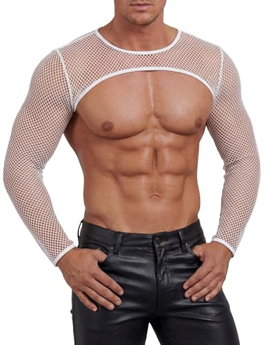 FEOYA Haut Court en Maille pour Homme Manches Longues Ventre Nu Maille Transparente Sexy Maille Cropped T-Shirt à Manches Courtes Boléro pour fête Clubwear Rouge S