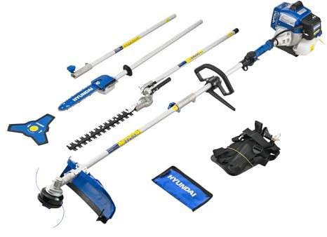 Hyundai 56cc Petrol Multi Tool 5-in-1 – Grass Trimmer, Brushcutter, Hedge Trimmer & Pole Saw Attachments, Split Shaft Design, Harness Included, Heavy Duty Garden System
