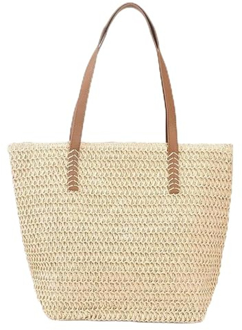 HTTDSLF Bolso de Hombro de Paja, Bolso de Playa de Verano, Grande con Cremallera, Verano Bohemio Monederos Mujer, para Viajes A La Playa, Vacaciones, Citas