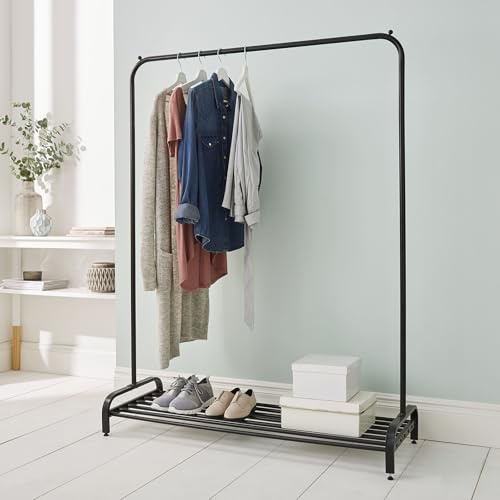 Direct Online Houseware House of Home Heavy Duty Clothes Rail with Shoe Rack - Single Rail 120cm Metal Clothes Rail - Freestanding Wardrobe Replacement for Bedroom - Black