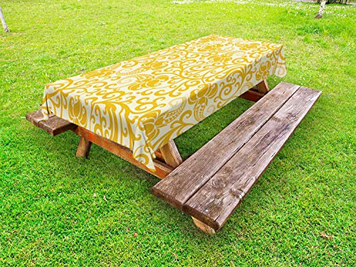 ABAKUHAUS Jugendstil Outdoor-Tischdecke, Blüten, dekorative waschbare Picknick-Tischdecke, 145 x 265 cm, Pale Yellow Earth Gelb
