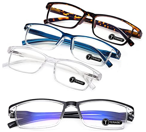 TERAISE 4PCS Gafas de lectura anti luz azul, ligeras y cómodas gafas de lectura para hombres y mujeres, Lectores luz azul para computadora/teléfono incluido estuche para gafas(1.5X)