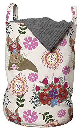 ABAKUHAUS Blumen Wäschesack, Hase mit Blumenkopfschmuck, Wäschekorb mit Griffen Kordelzugverschluss für Waschsalons, 33 cm breit x 49 cm hoch, Mehrfarbig Magenta