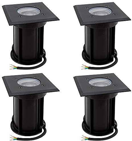 linovum 4 Stück BOQU Bodenspots schwarz IP67 mit LED GU10 5W warmweiss 230V - 4x Bodeneinbauleuchten quadratisch mit Kabel