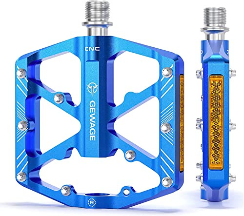 GEWAGE Bike Pedals With Reflective Strips, 3 Sealed Bearings Non-Slip CNC Aluminum Bicycle Platform 9/16 Pedals For Road Bike MTB E-Bike. (Blue)