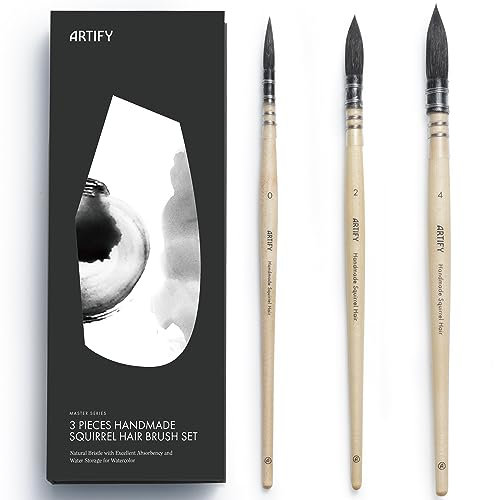 ARTIFY Aquarellpinsel-Set, professionelle natürliche Eichhörnchenhaar, runde feine Spitze, ideal für Aquarell- und Gouache-Malerei, Größen #0, #2, #4, 3-teilig