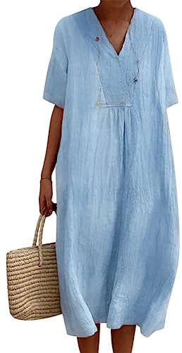 Robe d'été en coton Onsoyours - Col en V, taille grande, mi-longue, bohème, unie, pour la plage et les fêtes