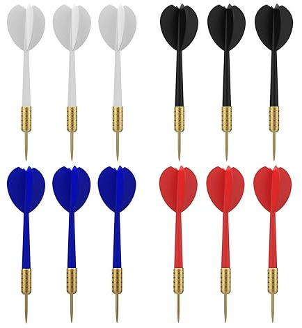 Accudart 12âPack Steel Tip Dart Set â 4 Team Colors (White, Blue, Red, Black), BrassâFinish Barrels, OneâPiece Construction, Durable MultiâUse Darts for Home & Recreational Play